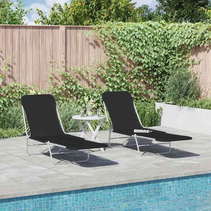Luxe&Mode Chaises longues pliables lot de 2 Acier et tissu Noir 2 ans garantie LV11561