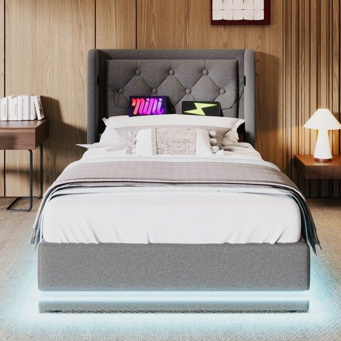 Lit rembourré - PAGE LIVING - 90x200 - Coffre hydraulique - Tête capitonnée - LED 16 couleurs & USB‑C