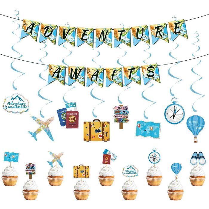 Décoration De Fête Bon Voyage Carte Du Monde Aventure Attend Bannière Voyage Suspendu Tourbillon Cupcake Toppers Photo Boot[BB2274]
