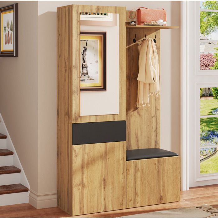 VEVXYN meuble d entree vestiaire avec miroir banc a chaussures rangement 98 5 x 38 x 191 cm MDF noir et bois naturel