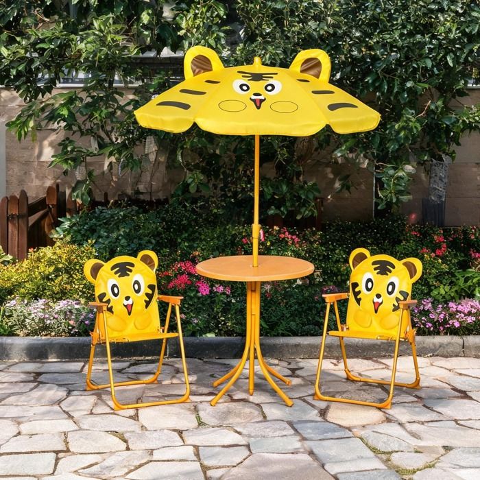 Salon de jardin enfant pliant en métal jaune design tigre table ronde 2 chaises et parasol inclus