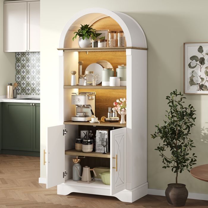 Vaisselier haut de cuisine - Blanc - Éclairage LED multicolore - Étagère réglable - Grand espace de rangement