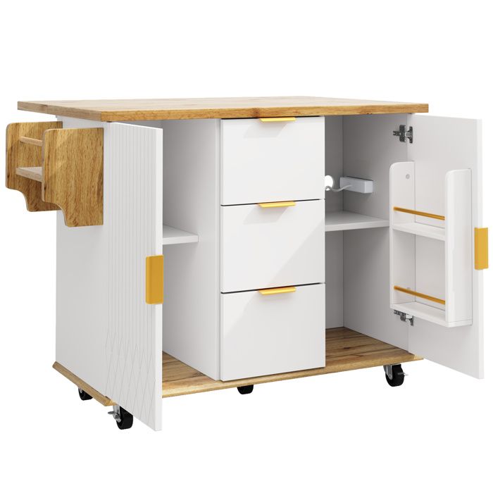 Îlot central mobile avec 2 tabourets de bar – plan extensible prise intégrée blanc aspect bois