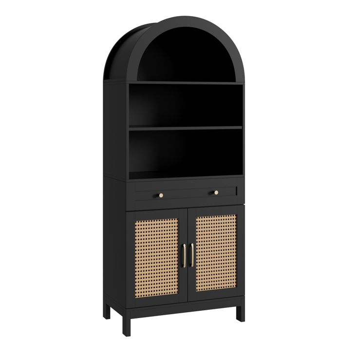 Armoire Haute en rotin Meuble de rangement bibliothèque 3 étagères ouvertes et 1 tiroir pour Salon 70x40x170cm