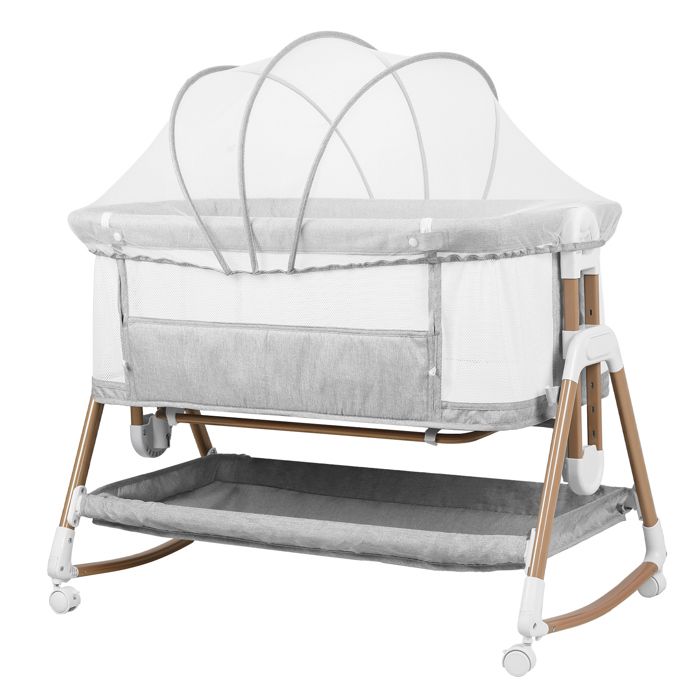 Lit Bébé Berceau Cododo pour Bébé 0-24 Mois Hauteur Réglable Lit Cododo avec Matelas Moustiquaire Panier de Rangement Roues -Gris