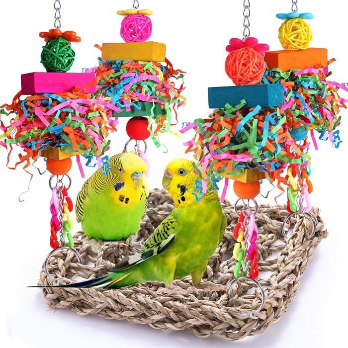 Jouets pour oiseaux perruches jouets muraux en jonc de mer tissé pour escalade perchoir balançoire avec jouets mâcher(milieu)