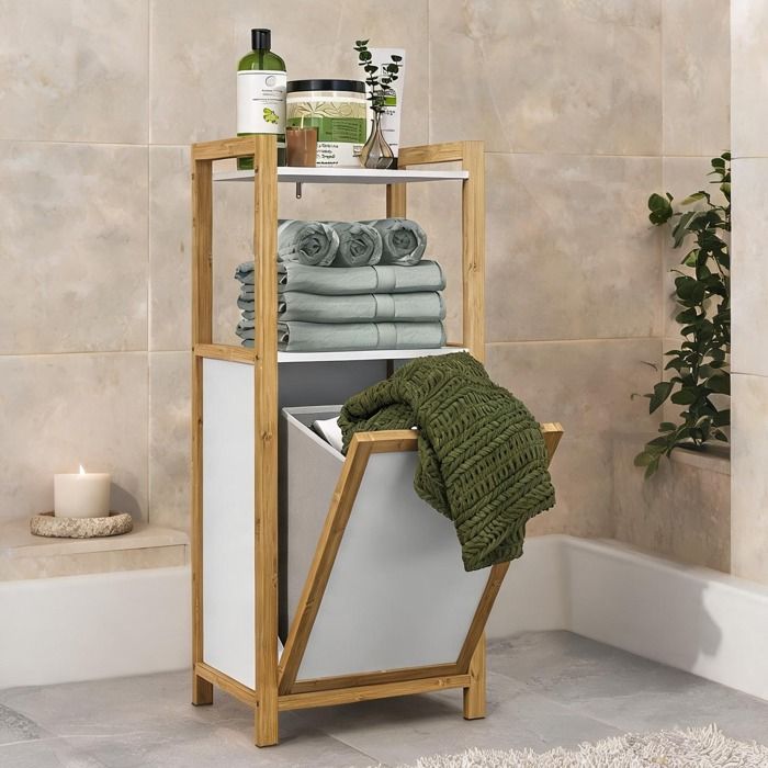 Meuble de salle de bain blanc en bambou avec panier à linge amovible 40x30x95 cm