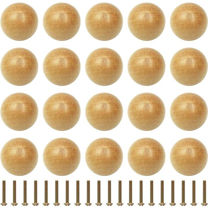 20 Pièces Bouton de Meuble en Bois 40 mm Poignée Tiroir Sphérique 3D Boutons de Portes pour Pcards avec 20 Vis 20 40mm