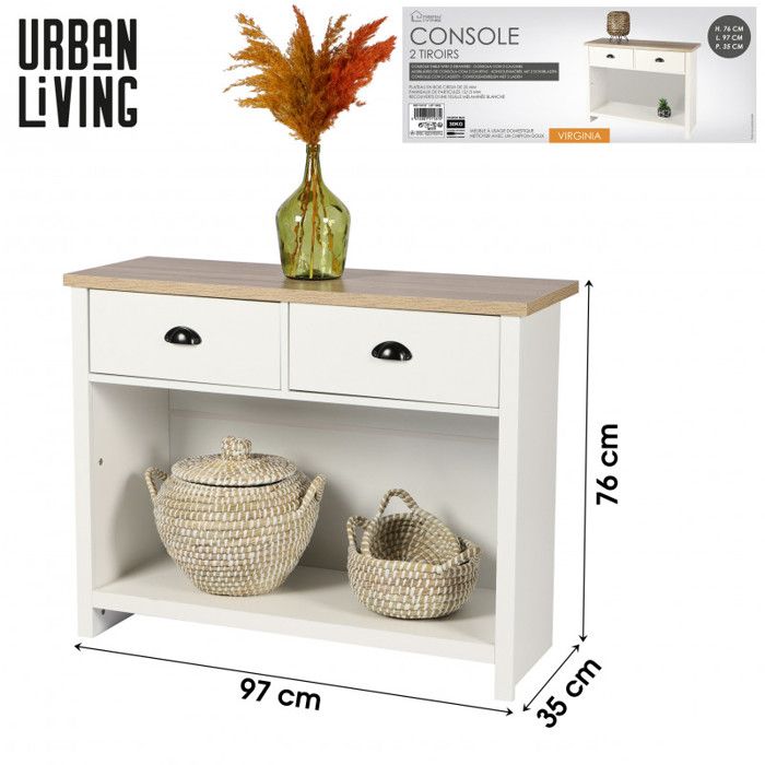 Console 2 tiroirs VIRGINIA style colonial - Blanc et bois - Bois - L 97 x P 35 x H 76 cm