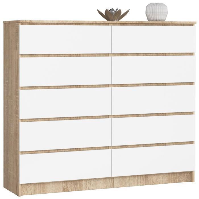 Commode AKORD K140 Chêne Sonoma 138 cm 10 tiroirs façade Blanche 138x40x121 cm