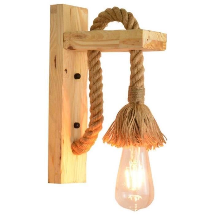 Chanvre Corde Applique Murale Rétro Industrielle Appliques À Vent Creative Murale En Bois Éclairage Chambre Lampe De Chevet E27