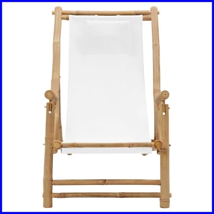 Chaise de terrasse - ASHATA - BK318594 - Bambou - Toile Blanc crème - Pliable et réglable en hauteur