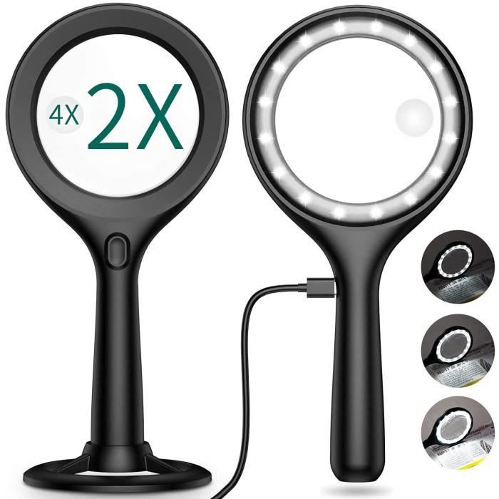 Fiimoo Loupe, Loupe Éclairante à Double Lentille, Loupe Eclairante avec 16 LED, 3 Niveaux de