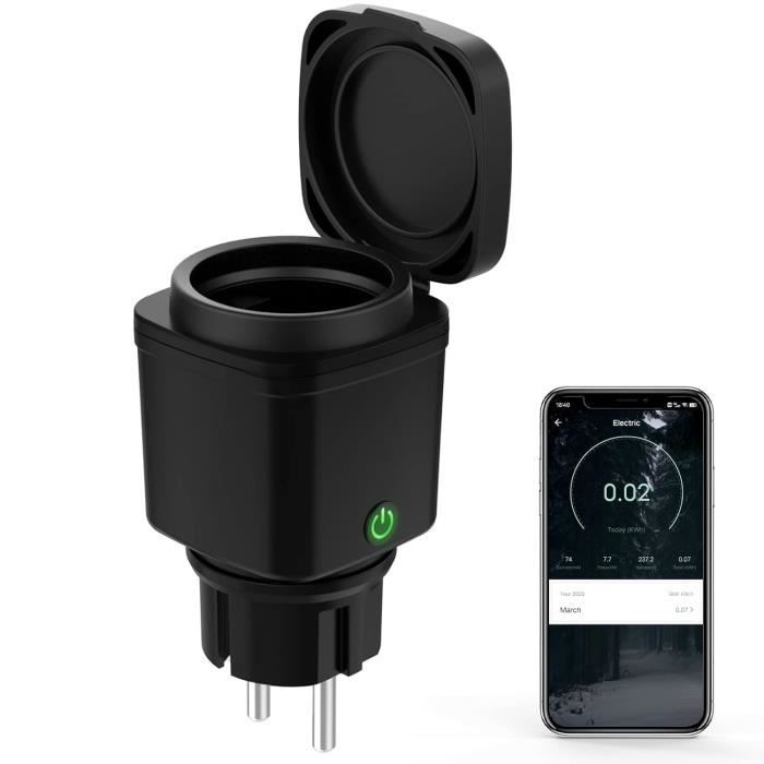 Prise WiFi Extérieure Intelligente 2.4 GHz IP44 - Mesure Conso, Minuterie, Alexa/Google Home, Noir