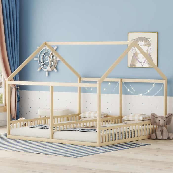 GOPLUS Lit Cabane Enfant 141x72CM Avec Baldaquin - Cadre Maison Bois Massif Pour Enfants 1-7 Ans