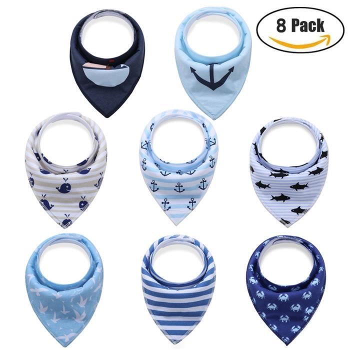 Lot De 8 Bavoirs Bandana Bébé - 100% Coton Absorbant - Réglables Par Boutons - Pour Nouveau-nés Et Tout-petits