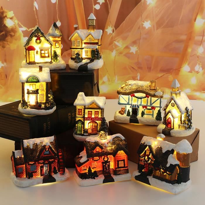 Decoration Village Noel Lumineux, 5 Pcs Decoration Noel Interieur Village  Miniature, LED Maison de Noel Flocons