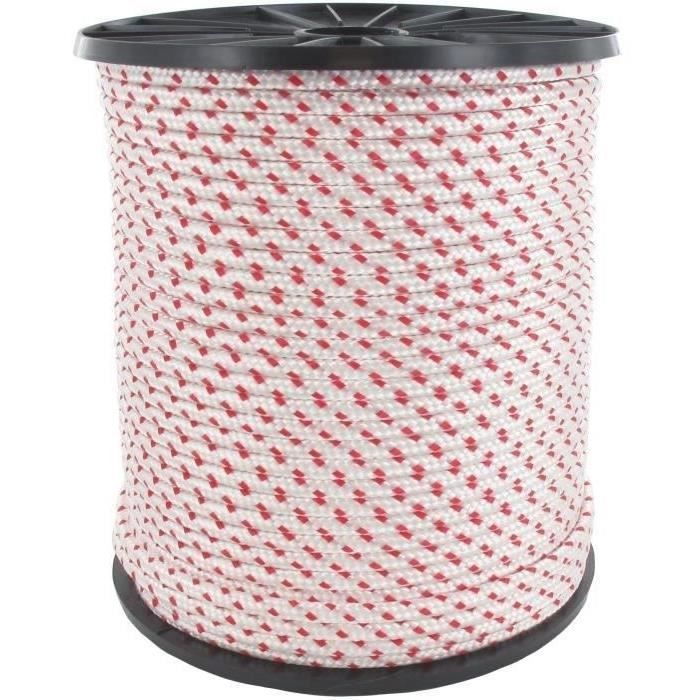 Corde lanceur polyamide blanche avec liseré rouge - Longueur 100 m - Diamètre 6 mm
