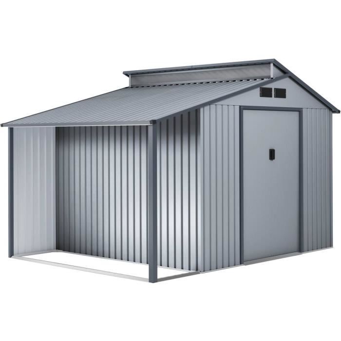 Abri de jardin métal avec pergola "Madras" - 9.12 m² - 355 x 257 x 237 cm - Gris