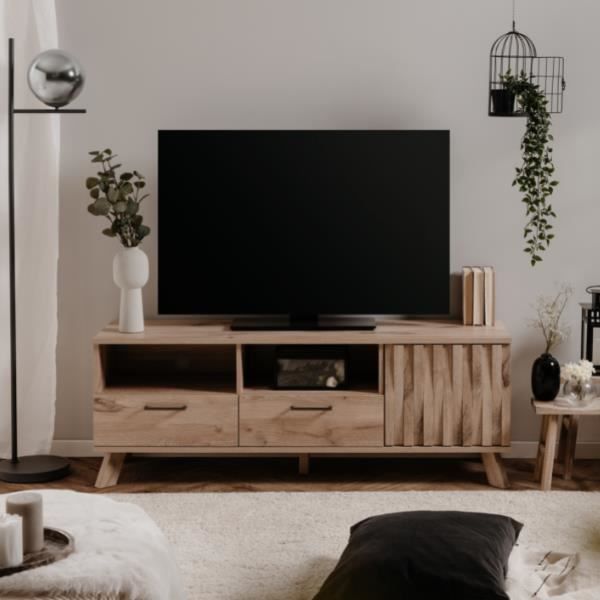 meuble tv arabella - chêne suédois - 2 tiroirs - porte tournante
