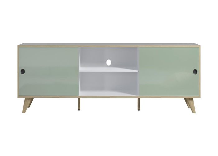 Meuble TV 2 portes 2 niches bois blanc vert et naturel Mélanie Meuble TV 2 portes 2 niches bois blanc vert et naturel Mélanie