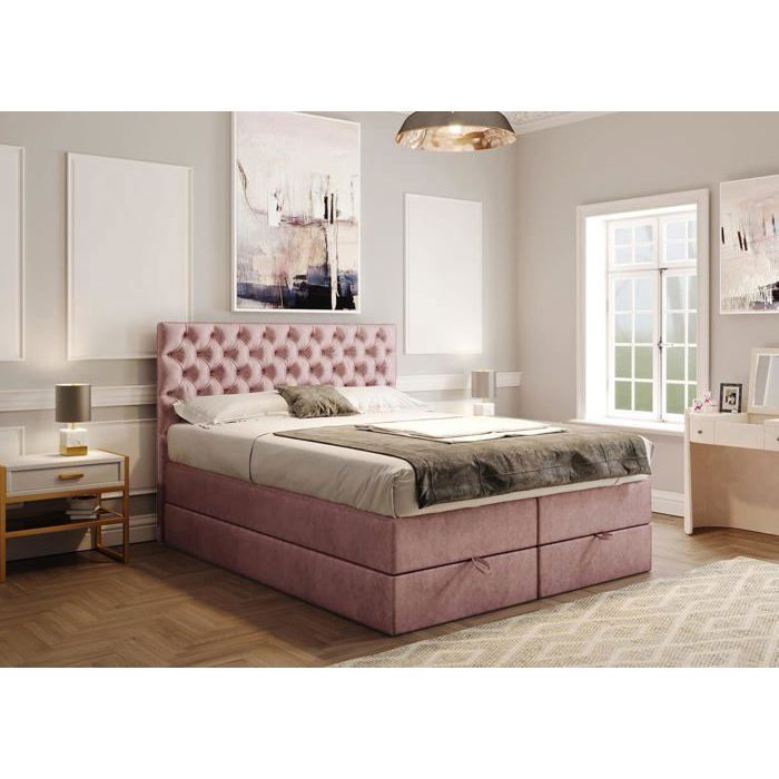 Lit adulte 180x200 cm LOUVRE - avec rangement matelas bonnell et matelas ressorts ensachés - tissu glamour - rose 1211 Lit adulte 180x200 cm LOUVRE - avec rangement matelas bonnell et matelas ressorts ensachés - tissu glamour - rose 1211