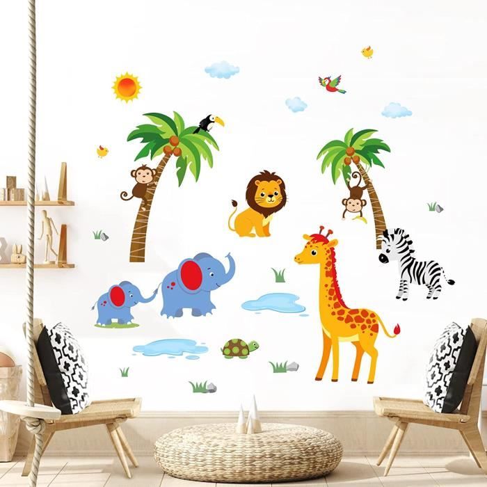 wondever Stickers Muraux Animaux de la Jungle Arbre Autocollants Muraux Mural Stickers Singe Girafe Éléphant pour Chambre Enfants Salon Bébé Pépinière 