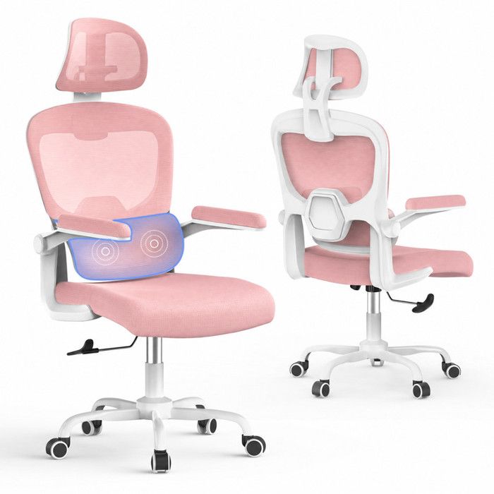Fauteuil de bureau avec accoudoirs BIGZZIA - à Roulettes - avec appui-tête et support lombaire - Hauteur Réglable - Rose