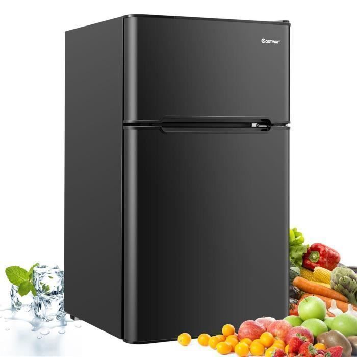 Réfrigérateur Top 90L COSTWAY-2 Portes Lumière LED Grand Angle-7 Réglages de Température Etagères Amovibles Silencieux Noir