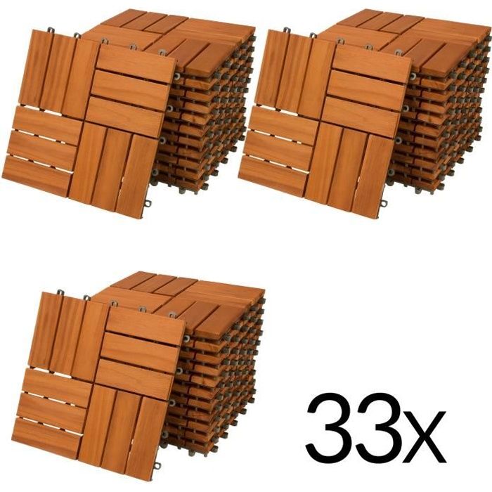 33x Dalles de terrasse en bois dacacia Mosaïque 30x30cm Dalle clipsable 3m² balcon jardin extérieur