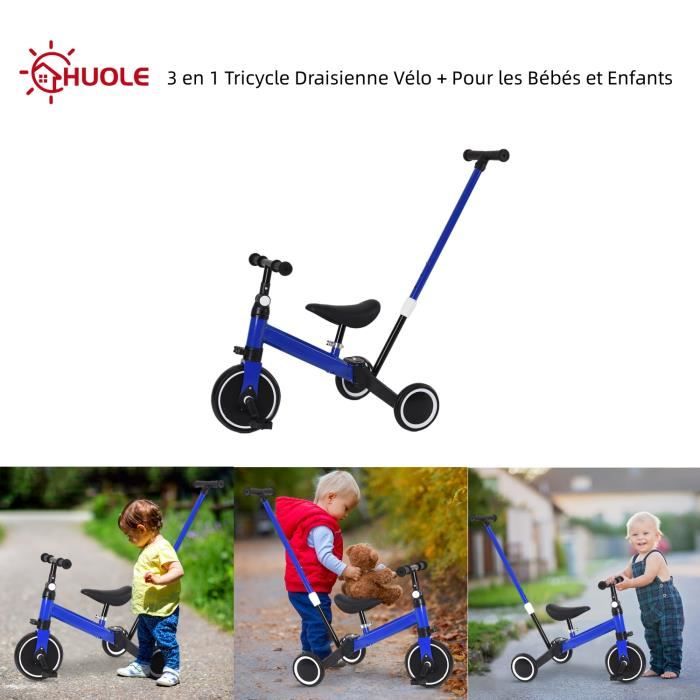 Tricycle HUOLE 3 en 1 pour bébés et enfants de 18 mois à 4 ans - Bleu avec tige-poussoir