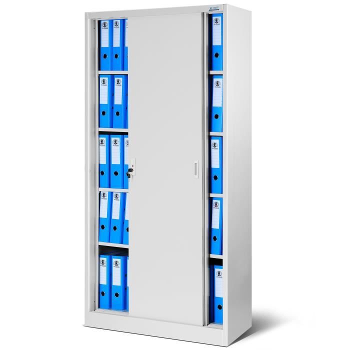 Armoire de Bureau SD001 Armoire Métallique à Portes coulissantes tôle dacier étagères 185 cm x 90 cm x 40 cm (Gris)