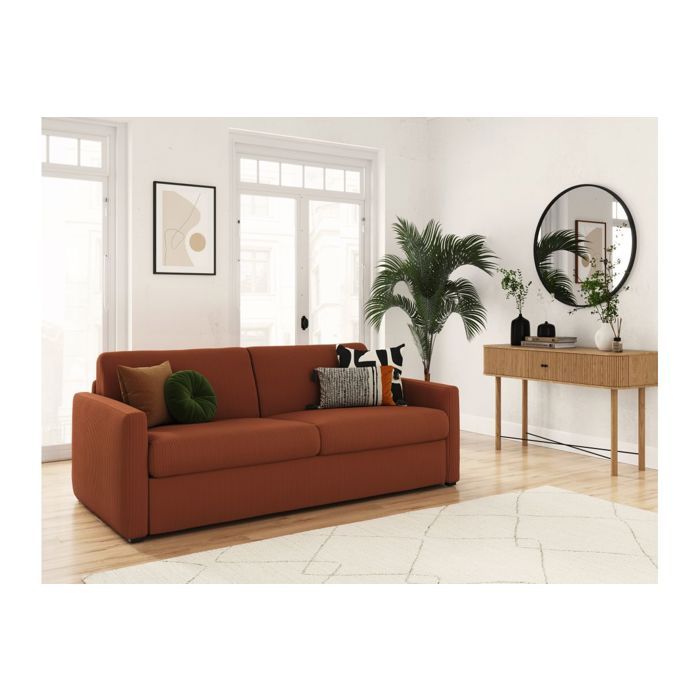 Canapé convertible express 3 places AGATHE 140x190cm en velours côtelé - Terracotta - Matelas 13cm - L178 x P96 x H88cm - LOUNGITUDE