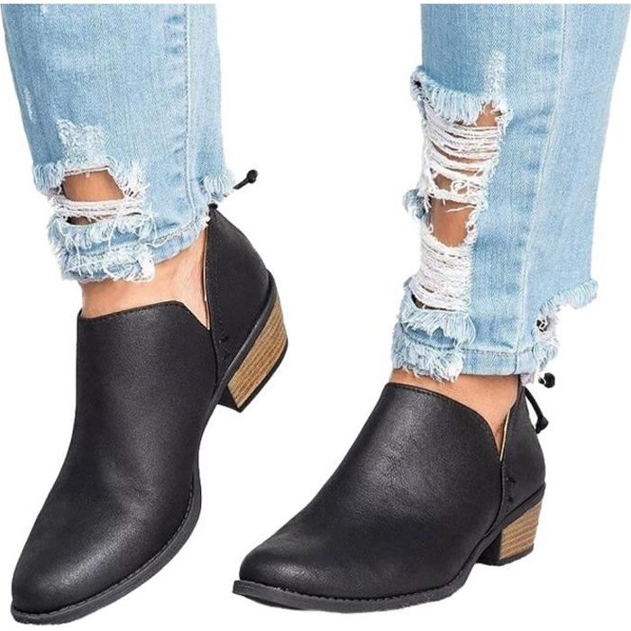 Minetom Femme Bottines PU Cuir Chaussure Bloc Talons Bottes Ankle Boots LAutomne Mode Casual Chelsea Boots Bootie