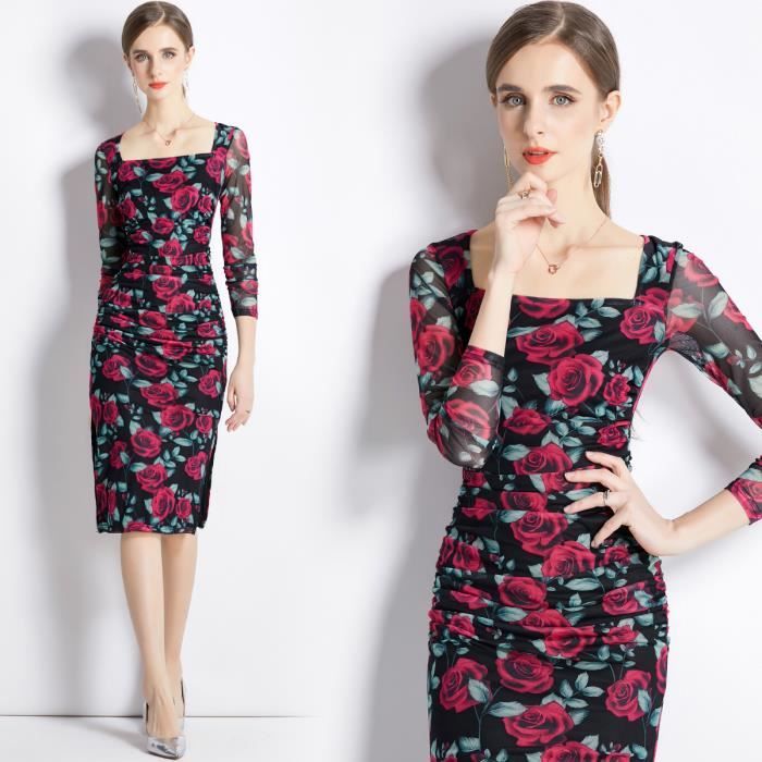 Robe longue femme à col fluide manches avec poches