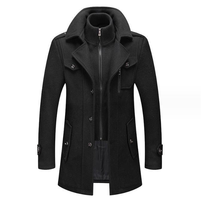Manteau Homme Hiver Chaud Mi-Long Parka Pardessus Trench Coat Slim Fit  Élegant Business Manteaux Revers Overcoat-Noir