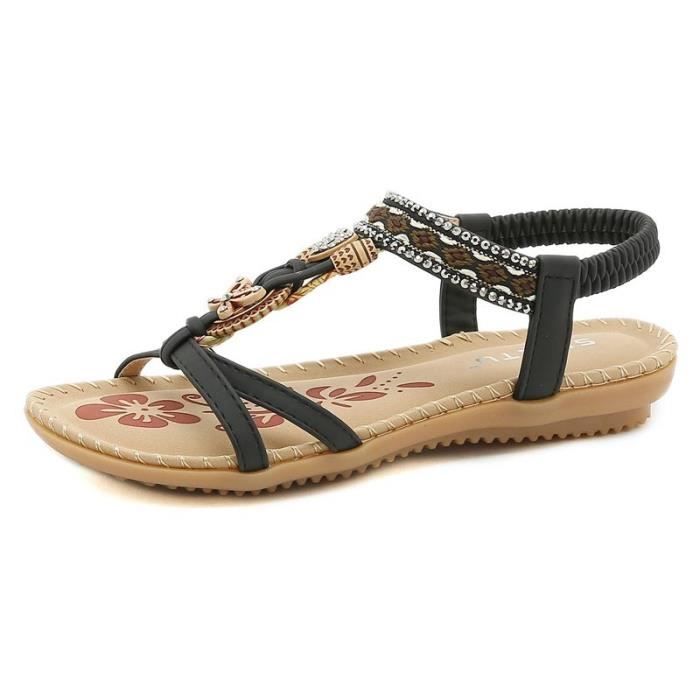 Sandales Plates Femme été En PU - Style Bohème Avec Orteil Séparateur Et Strass - Confortables Et Légères