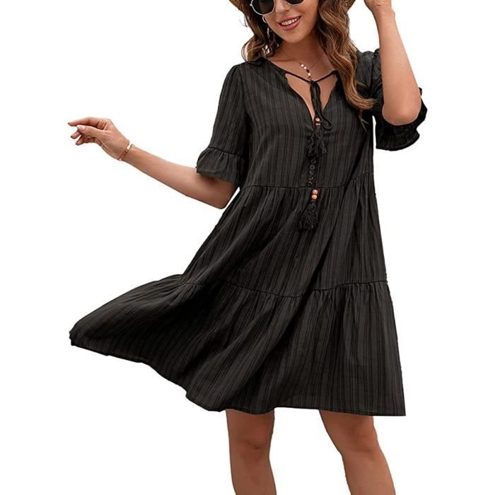 Femme Robe Casual Col V Robe Ete Manches Courte Au Genou Robes Plage Confortable Robe Ample Grande Taille Noir XL Noir Cdiscount Pret a Porter