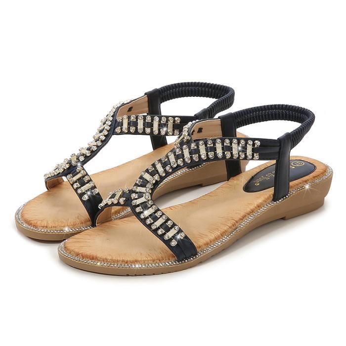 Sandales Femme Plage Strass Ete Plates INSFITY - Dore Noir - Confortable Antidérapant Dore