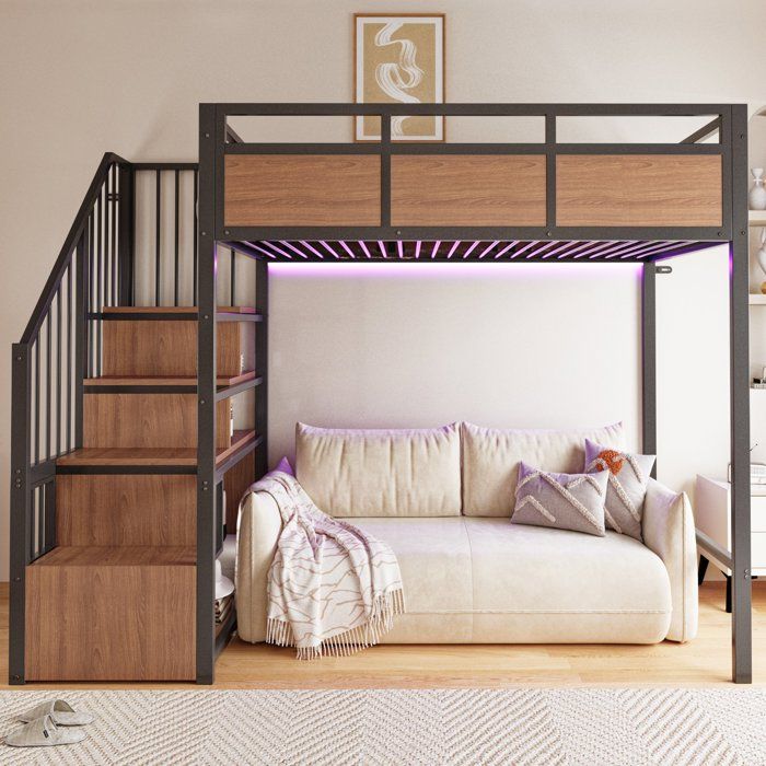 Lit mezzanine 90x200 cadre métal style industriel escalier avec rangements éclairage LED RGB espace pour canapé en dessous