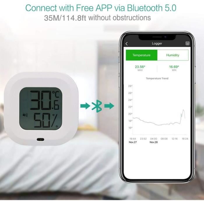 Hygromètre à Thermomètre Bluetooth 5.0, Contrôle App sans Fil Mètre de  Moniteur d'Humidité Température Précis, Alertes Funtion pour