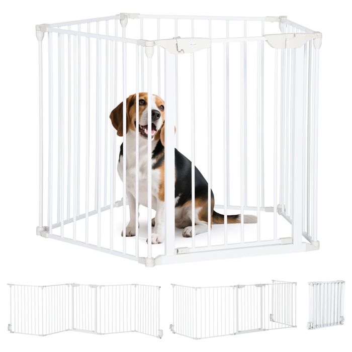 Barrière de sécurité - PawHut - parc enclos chien modulable pliable porte intégrée 300L max - métal PP - blanc