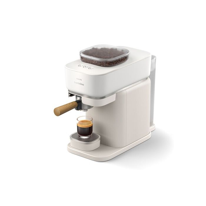 Machine à expresso Baristina BAR302/20 cafetière à grain Blanche + Porte-filtre Bois de Hêtre