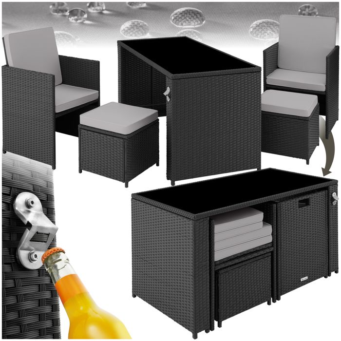 Salon de jardin - TECTAKE - Ensemble repas d'extérieur PALERME 4 personnes pliable avec plateau en verre et décapsuleur - Noir/Gris