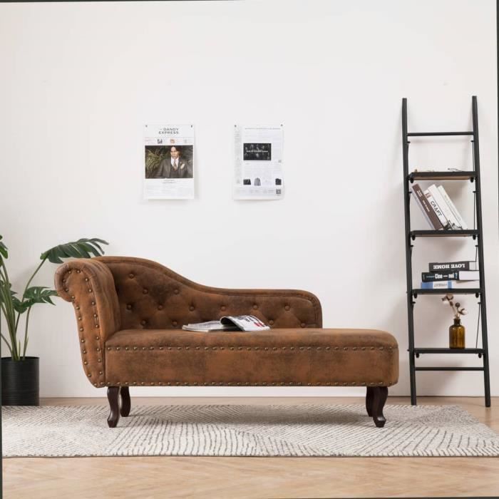 chaise longue marron en similien cuir daim 162 x 56 x 77 cm