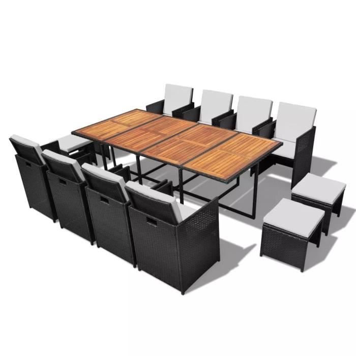 vidaXL Salon de jardin encastrable 13 pcs Rotin et bois dacacia Noir