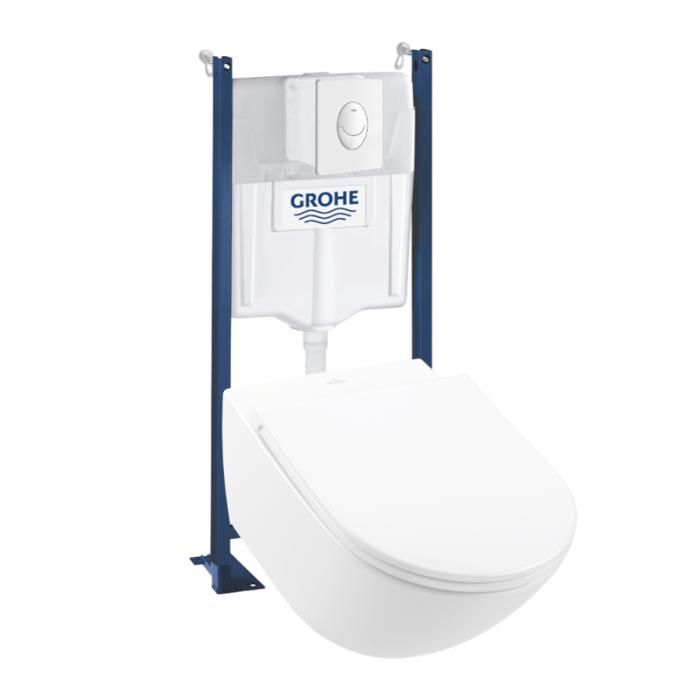 Lot WC modèle suspendu VILLEROY ET BOCH Universo TwistFlush + bâti et plaque GROHE