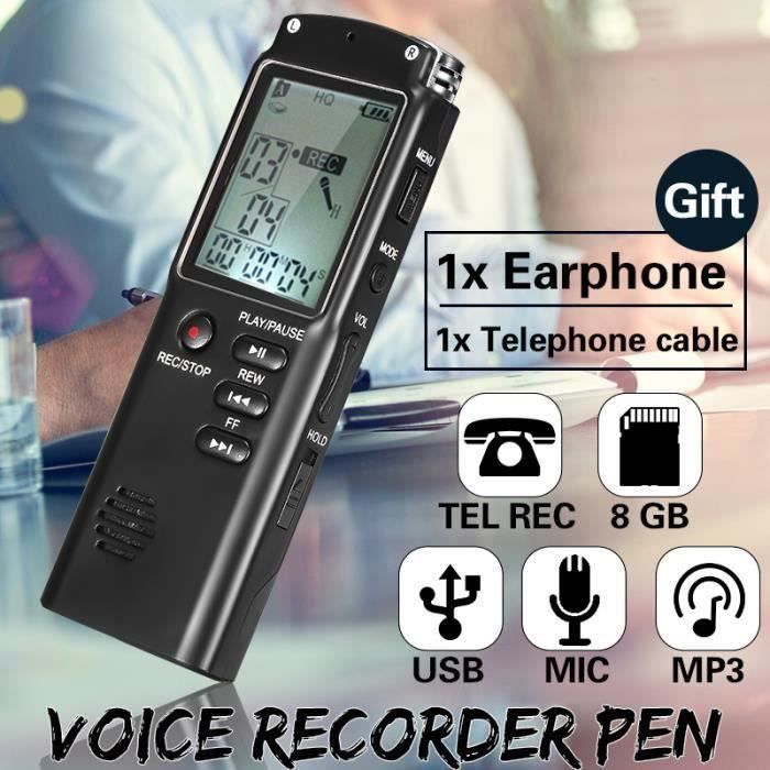 Dictaphone Enregistreur Vocal Numérique 8Go Portable, Lecteur Mp3 Audio