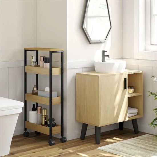 DuneDesign Étagère à Roulettes Bambou 38x20x80 Cm – Petite Desserte Roulante Étroite, Meuble Rangement Cuisine Salle De Bain WC, Design Naturel & Pratique