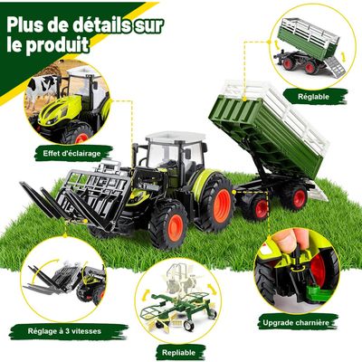 Herenear Tracteur RC 4-en-1 Avec Télécommande 2.4GHz – Remorque, Grappin, Chevaux, Pneus, Jouet Ferme Pour Enfants 3-7 Ans
